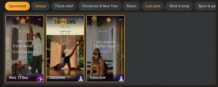 Sponsored events on the homepage